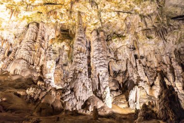 Majestic stalactites and stalagmites create a stunning underground landscape in postojna cave, a popular tourist attraction in slovenia clipart