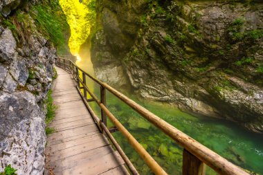 Manzaralı ahşap yürüyüş yolu vintgar vadisinden esiyor, göz kamaştırıcı zümrüt suları ve Slovenia 'daki yemyeşil kanyon duvarlarını sergiliyor.