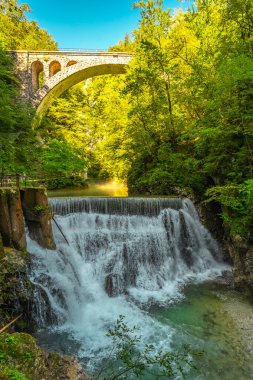 Stunning waterfall cascading beneath a stone bridge in the picturesque vintgar gorge near bled, slovenia, creating a breathtaking natural spectacle clipart