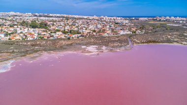 Aerial view of the colorful pink lake of torrevieja with salt flats at sunset, near a residential area in alicante, spain clipart