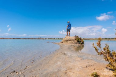 Tourist standing on a small hill admiring the pink flamingos and salt flats at mar menor in Murcia, spain clipart