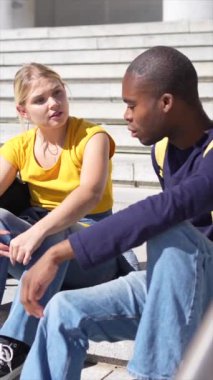 Üniversitenin girişinde merdivenlerde oturan çok ırklı öğrenciler konuşuyor.