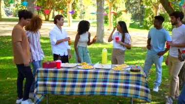 Bardaklar ve birayla kadeh kaldıran çok ırklı arkadaşlar parkta kutlama yapıyorlar.