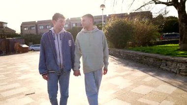 Genç beyaz eşcinsel çift parkta romantik bir yürüyüş yapıyor, el ele tutuşuyor ve birbirlerine gülümsüyorlar.