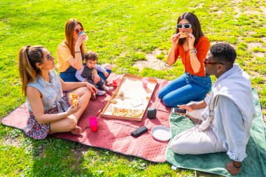 Bir grup arkadaş, parkta piknikte pizza, içki ve müzik eşliğinde güneşli bir günün tadını çıkarıyorlar.