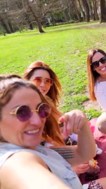 Mutlu aileler, anneler ve babalar da dahil, parkta hoş bir pizza pikniği yapıyorlar, neşeli anılar yaratıyorlar.