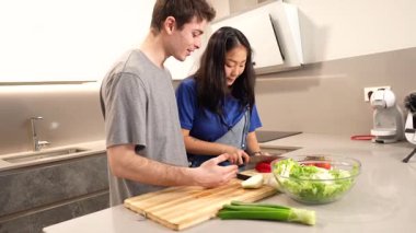 Birlikte taze salata yapan, şık modern mutfakta kahkaha ve aşçılık becerilerini paylaşan, sebzeleri yan yana doğrayan çok ırklı genç bir çift.