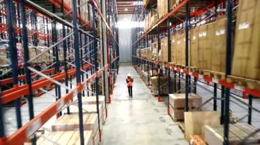 Güvenlik yeleği giyen lojistik uzmanı geniş depo koridorlarında yürüyor, envanter yönetimi sırasında karton kutularla dolu uzun rafların arasında geziniyor.
