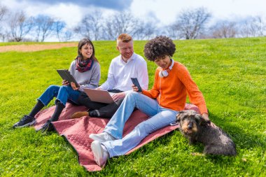 Üç öğrenci, köpekleriyle birlikte parkta bir battaniyede dinlenirken elektronik aletler kullanıyor.