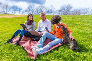 Üç genç iş arkadaşı dışarıda çalışmaya ara veriyor. Parkta köpek beslerken dizüstü bilgisayar, tablet ve akıllı telefon kullanıyorlar.