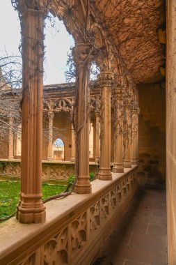 Kraliyet sarayındaki sütunlarla sarmaş dolaş sarmaşıklar, Navarre, İspanya 'da bir ortaçağ kalesi, doğayla mimariyi harmanlıyor.