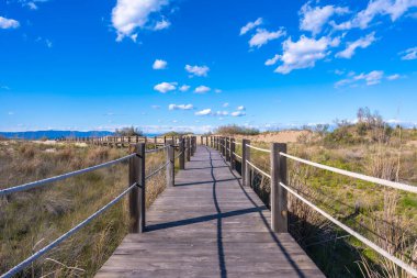 Güneşli bir günde, Ebro delta doğal parkında, tarragona 'da, İspanya' da bataklık ve kum tepeleri boyunca uzanan manzaralı ahşap yol.