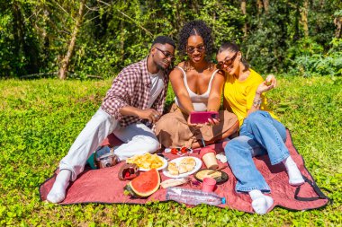 Üç arkadaş, parkta battaniyenin üzerinde piknik yaparken akıllı telefonlarıyla selfie çekiyorlar.