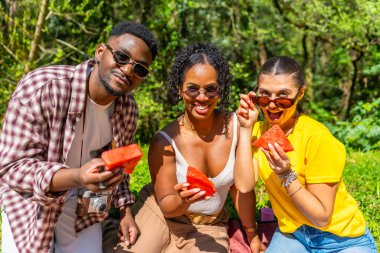 Üç neşeli arkadaş, güneşli bir yaz pikniğinde doğayla iç içe olan canlı bir parkta dinlenirken taze karpuz dilimlerinin tadını çıkarıyorlar.