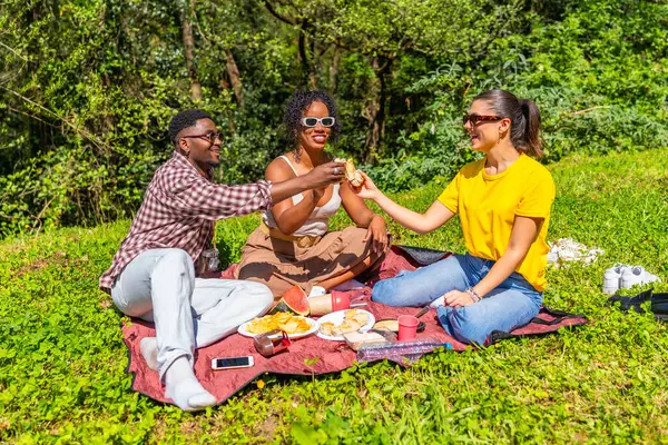 Üç arkadaş parkta güneşli bir pikniğin tadını çıkarıyor, sandviçlerle kadeh kaldırıyor ve canlı yeşil bir battaniyede kahkahalarını paylaşıyor.