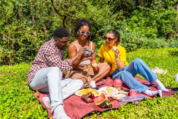 Bir grup arkadaş parkta piknik yapıyor, fotoğraf çekiyor ve güneşli bir günde abur cubur yiyorlar.