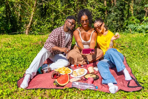 Üç arkadaş, parkta battaniyenin üzerinde piknik yaparken akıllı telefonlarıyla selfie çekiyorlar.