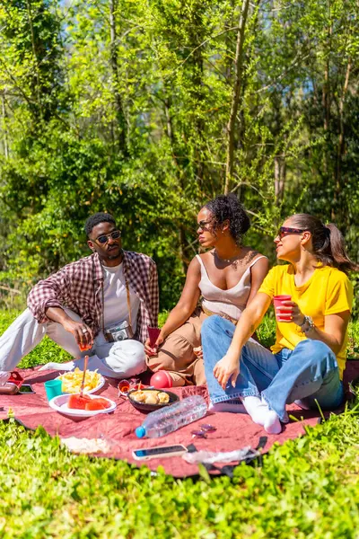 Üç arkadaş parkta piknik yapıyor, otların üzerinde yemek ve içeceklerin tadını çıkarıyorlar.