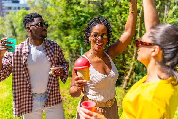 Gençler eğleniyor, içkilerini yudumluyor ve neşeli bir yaz gününde güneşli bir parkta neşeyle dans ediyor.