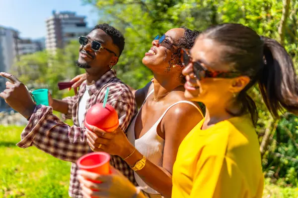 Üç arkadaş parkta eğleniyor, içkilerini yudumluyor ve uzaktaki bir şeyi işaret ediyorlar.