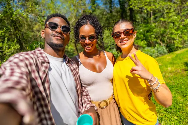 Üç neşeli arkadaş parkta selfie çekiyorlar güneşli bir günde birlikte vakit geçiriyorlar, güneş gözlüğü takıyorlar ve gülümsüyorlar.