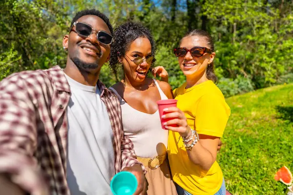 Üç neşeli arkadaş pikniğin tadını çıkarıyorlar, selfie çekiyorlar ve güneşli bir günde ellerinde renkli fincanlar tutuyorlar.