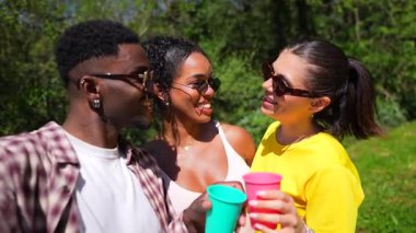 Sunny Park 'ta çok kültürlü arkadaşlar kaynaşıyor, içiyor, selfie çekiyor, coşkulu bir enerjiyle gülüyor ve hafta sonu eğlencesine kaygısızca eğleniyorlar.