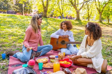 Üç kız arkadaş parkta battaniyede piknik yaparken, abur cubur yerken, içki içerken ve müzik yaparken eğleniyorlar.