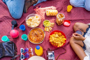 Lezzetli turta, cips, kraker, guacamole, meyve suyu ve içecekler kırmızı bir piknik battaniyesinde sergileniyor, açık hava için canlı ve davetkar bir sahne yaratıyor.