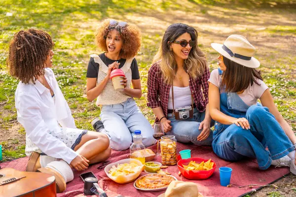 Dört bayan arkadaş parkta pikniğin tadını çıkarıyorlar. Atıştırmalıkları paylaşıyorlar, gülüyorlar ve güneşin altında neşeli anılar yaratıyorlar.
