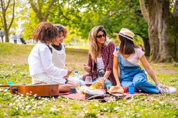 Dört bayan arkadaş güneşli bir bahar gününde parkta bir piknikte eğleniyor, yiyor ve şarap içiyor.