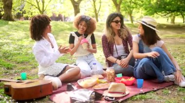 Çeşitli kadın grupları, güneşli park pikniğinde gülüşlerini, yemeklerini ve bağlantılarını paylaşıyorlar. Kaygısız arkadaşlık ve birliktelik anlarının tadını çıkarıyorlar.
