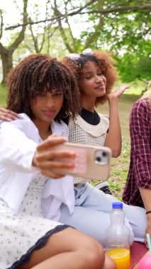 Piknikten zevk alan genç kadınlar cep telefonlarıyla samimi anları yakalıyor, kahkahaları paylaşıyor ve kalıcı dostluk anıları yaratıyorlar.