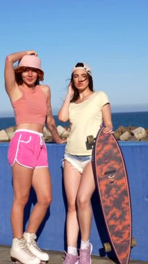 İki arkadaş okyanusun kenarında dinleniyor, patenler ve uzun bir sörf tahtası sergiliyorlar. Gündelik atmosferleri deniz kenarında yaz eğlencesi ve boş zamanlarını yansıtıyor.