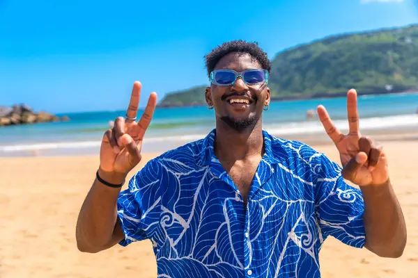 Güneşli bir plajda yaz tatilinin tadını çıkarırken iki eliyle barış işareti yapan mutlu turistler.