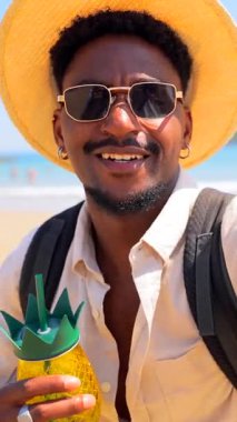 Genç siyah gezgin şık güneş gözlüğü takıyor ve hasır şapka takıyor ananas kokteyli ile rahatlıyor, kaygısız yaz havasıyla güneşli tropik plaj sahnesinin tadını çıkarıyor.