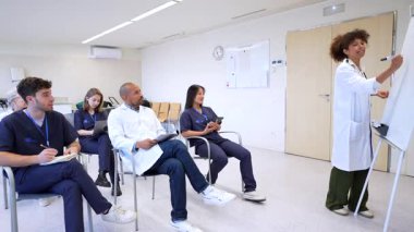 Kadın bir doktorun sunumuna katılan çeşitli tıp uzmanları, sağlık sektöründe devam eden eğitim ve takım çalışmalarına odaklandılar.