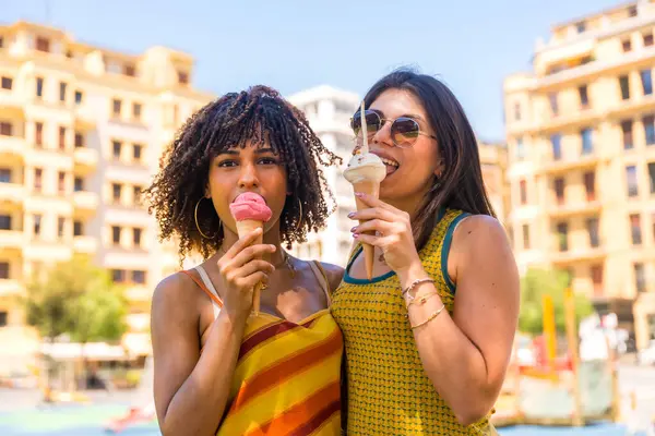 Beyrut, Lübnan 'da güneşli bir yaz gününün tadını çıkaran iki arkadaş birlikte mutluluk saçıyorlar.