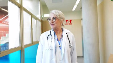 Deneyimli bir tıp uzmanı hastane koridorunda yürüyor, sakin ve kendinden emin bir tavırla çevreyi gözlemliyor.