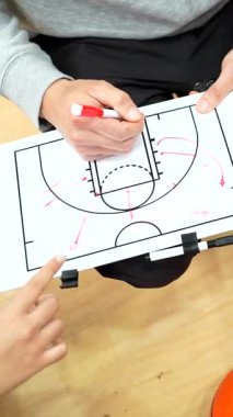 Basketbol koçu, antrenman sırasında takım oyunlarını ve taktik yaklaşımını analiz ederken kırmızı kalem kullanarak beyaz tahtaya oyun stratejisi çiziyor.