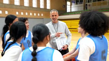 Basketbol koçu oyun stratejisini beyaz tahtayla kapalı sahadaki bayan takım oyuncularına anlatıyor.