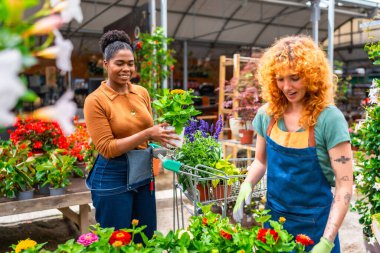 Bir bahçe merkezinde çalışan iki genç kadın çiçek ve bitkilerle dolu bir alışveriş arabasını itiyorlar.