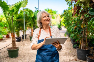 Bir serada çalışan gülümseyen bahçıvan canlı bitkilerle çevrili iken dijital tablet kullanıyor ve güneşli günün tadını çıkarıyor.