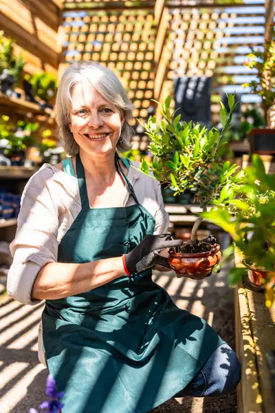 Gülümseyen bahçıvan kadın eldivenli ve önlüklü serada çalışırken bonsai çiçeği tutuyor.