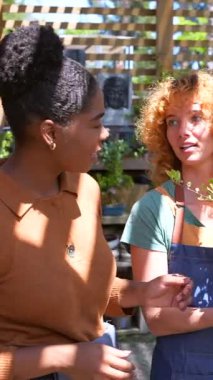 Profesyonel bahçıvan, bitki bakım odasındaki bir müşteriye bonsai bitkisini gösteriyor. Özelliklerini ve bakımını anlatıyor.