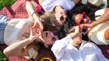 Dört farklı arkadaş battaniyeye uzanmış, elleriyle kalp şekli oluşturuyorlar, güneşli bir günde pikniğin tadını çıkarıyorlar.