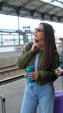 Çok kültürlü genç gezginler haritayla ayakta duruyorlar, ortak tatil yolculukları sırasında yabancı tren istasyonlarında rehberlik arıyorlar.