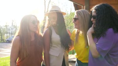 Dört farklı arkadaş güneşli bir günün tadını çıkarıyorlar. Açık havada eğlencenin neşeli bir anında gülüp sohbet ediyorlar.