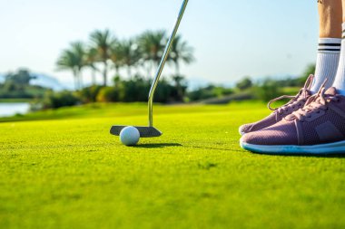 Golfçü golf sahasında golf sopasıyla topu yeşile koyuyor. Arka planda palmiye ağaçları ve göl var.