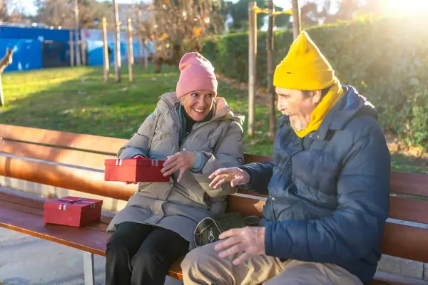 Yaşlı bir adam, şehir parkında bir bankta otururken karısına yılbaşı hediyeleriyle sürpriz yapıyor.